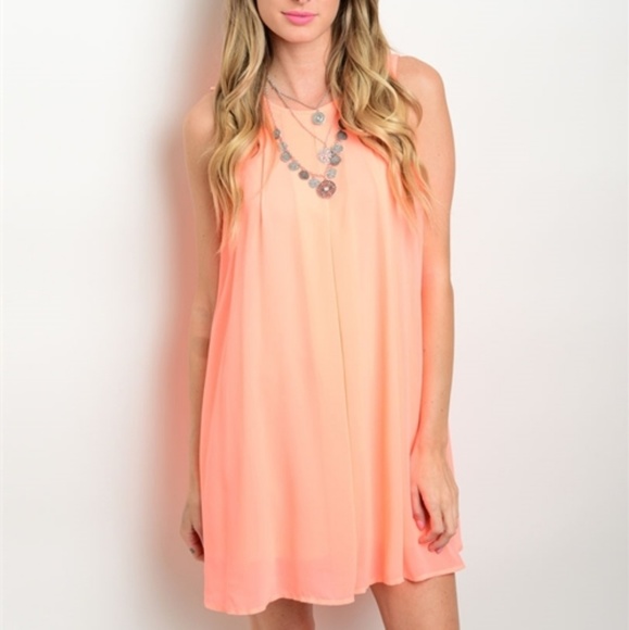 Neon Coral Chiffon Dress - Picture 2 of 4